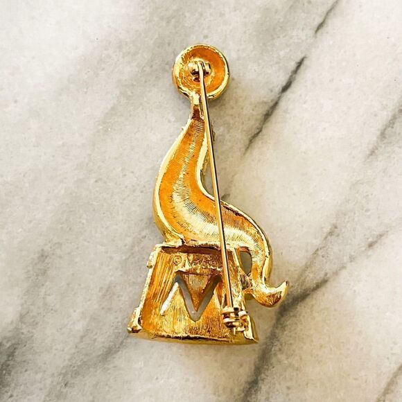 Signed Napier Circus Seal Brooch Vintage Gold Rhinestone Crystal Red RARE - Picture 4 of 6